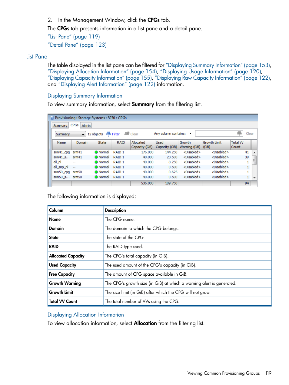 List pane, Displaying summary information, Displaying allocation information | HP 3PAR Operating System Software User Manual | Page 119 / 424