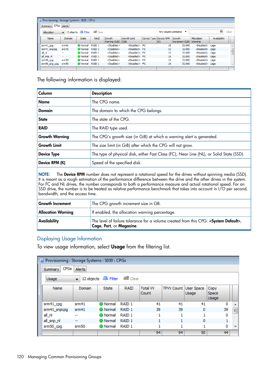 Displaying usage information | HP 3PAR Operating System Software User Manual | Page 120 / 424