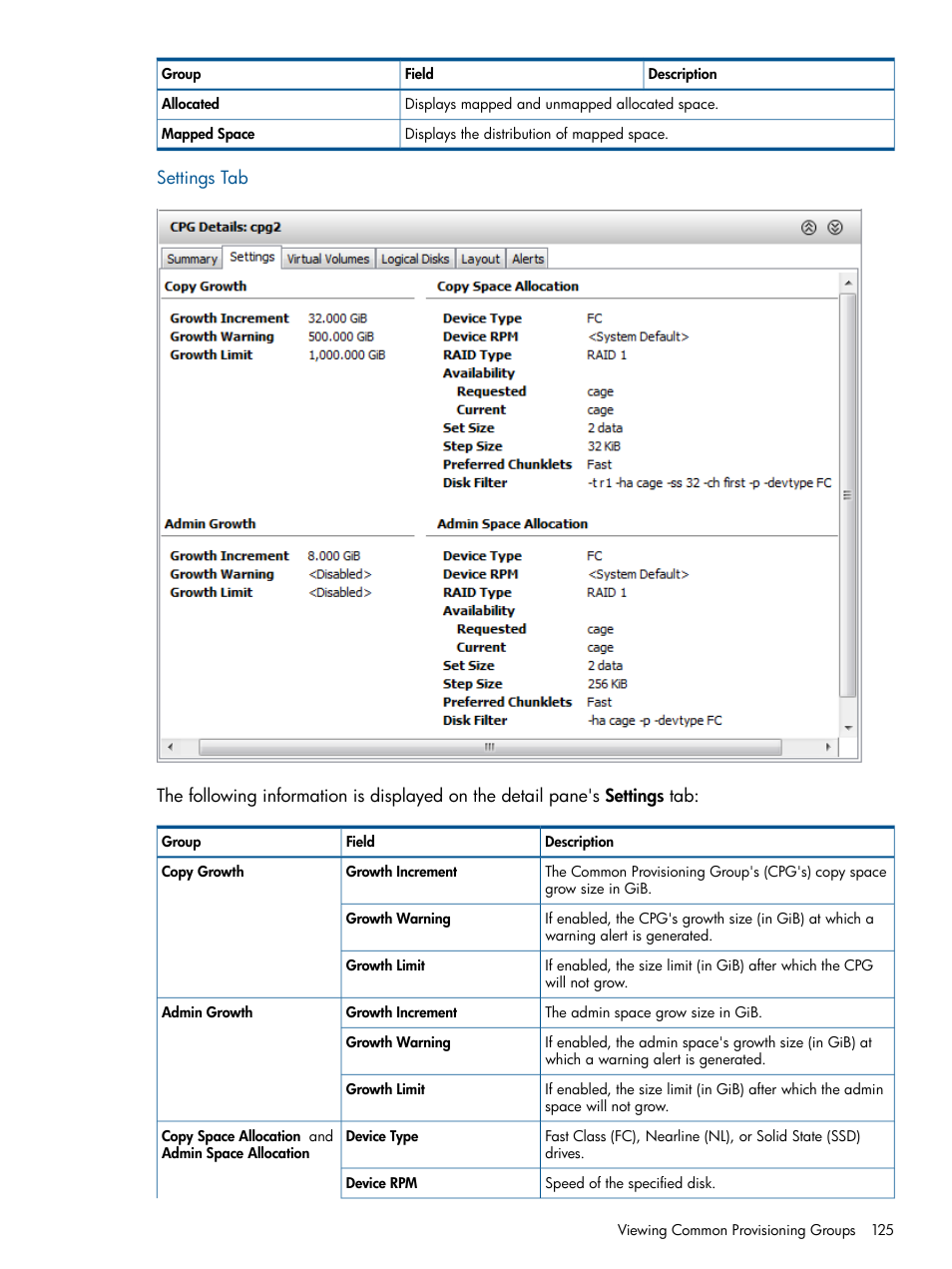 Settings tab | HP 3PAR Operating System Software User Manual | Page 125 / 424