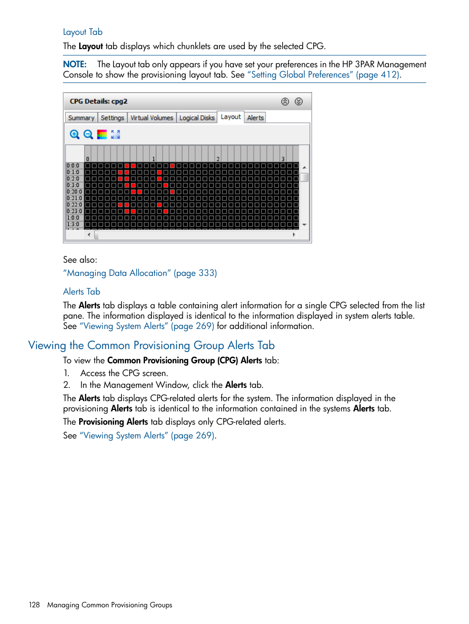 Layout tab, Alerts tab, Viewing the common provisioning group alerts tab | Layout tab alerts tab | HP 3PAR Operating System Software User Manual | Page 128 / 424