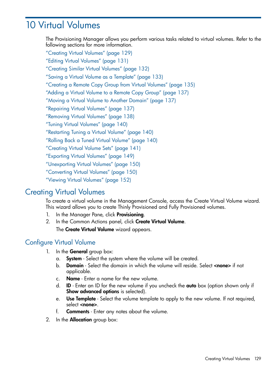 10 virtual volumes, Creating virtual volumes, Configure virtual volume | HP 3PAR Operating System Software User Manual | Page 129 / 424