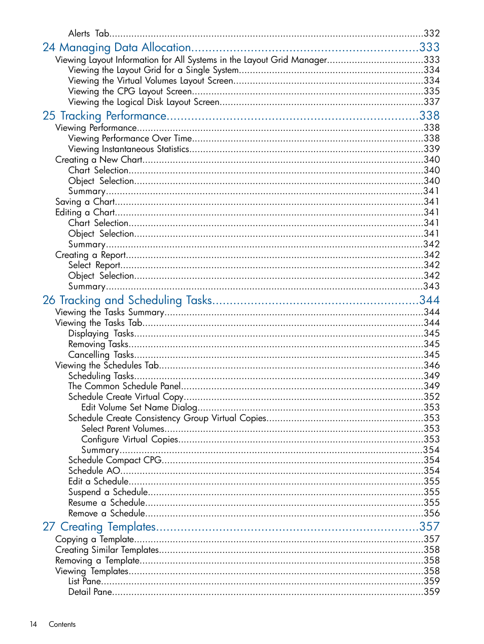 24 managing data allocation, 25 tracking performance, 26 tracking and scheduling tasks | 27 creating templates | HP 3PAR Operating System Software User Manual | Page 14 / 424