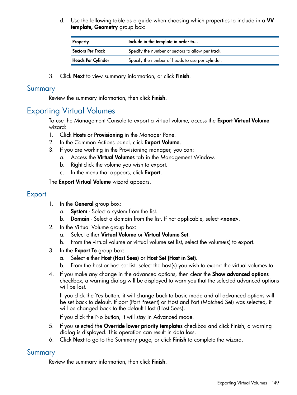 Summary, Exporting virtual volumes, Export | Export summary | HP 3PAR Operating System Software User Manual | Page 149 / 424