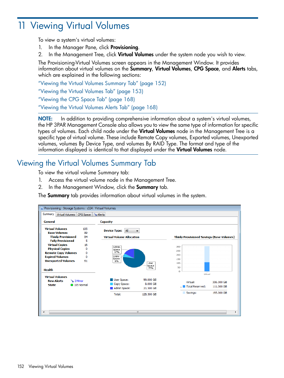 11 viewing virtual volumes, Viewing the virtual volumes summary tab | HP 3PAR Operating System Software User Manual | Page 152 / 424