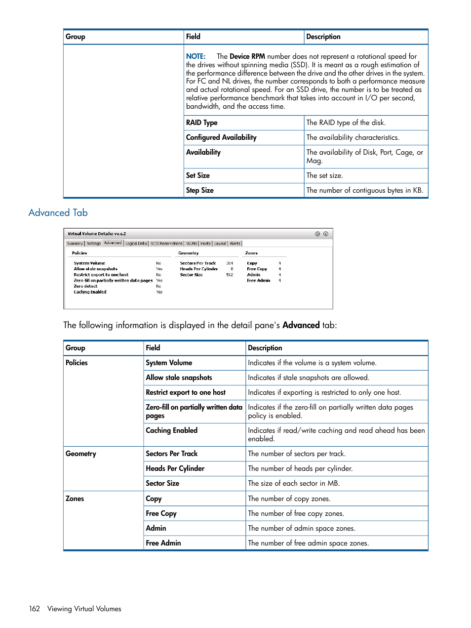 Advanced tab | HP 3PAR Operating System Software User Manual | Page 162 / 424