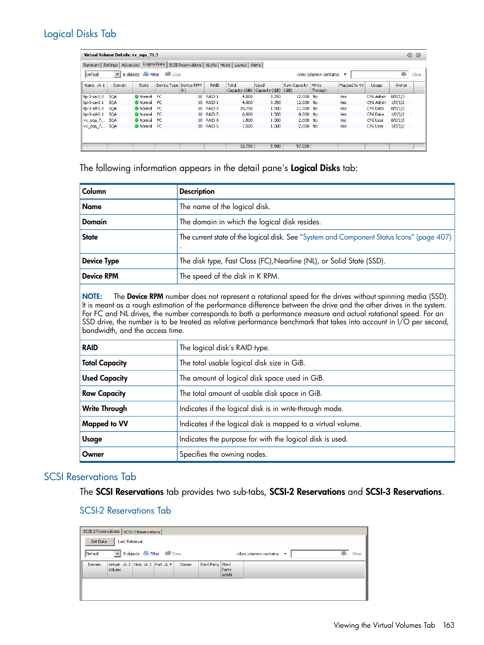 Logical disks tab, Scsi reservations tab, Scsi-2 reservations tab | Logical disks tab scsi reservations tab | HP 3PAR Operating System Software User Manual | Page 163 / 424