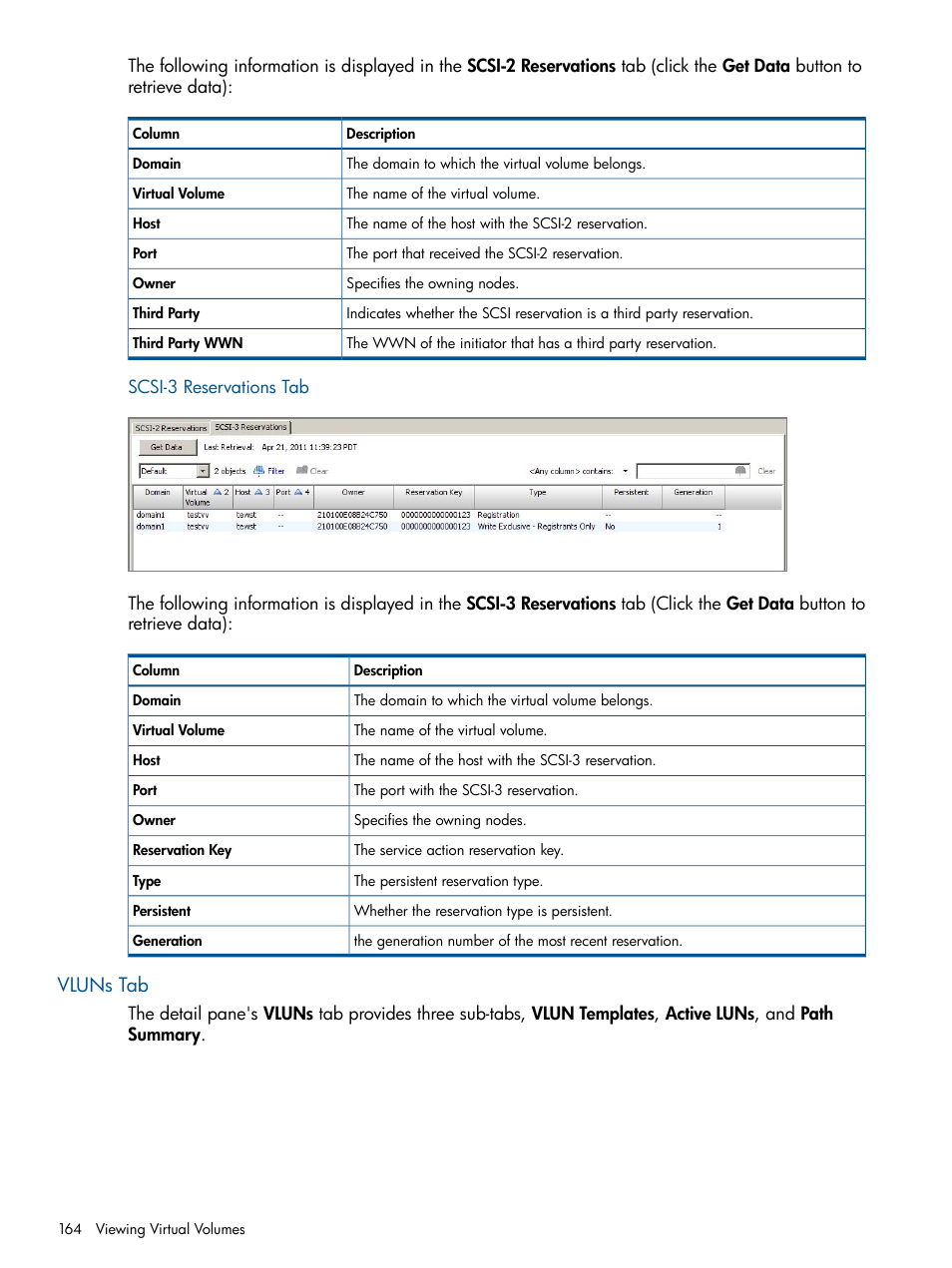 Scsi-3 reservations tab, Vluns tab | HP 3PAR Operating System Software User Manual | Page 164 / 424