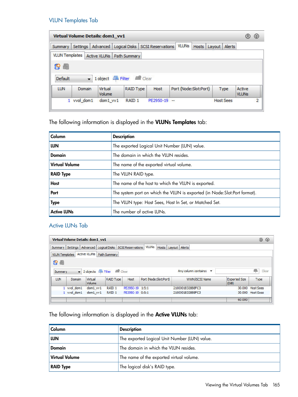 Vlun templates tab, Active luns tab, Vlun templates tab active luns tab | HP 3PAR Operating System Software User Manual | Page 165 / 424