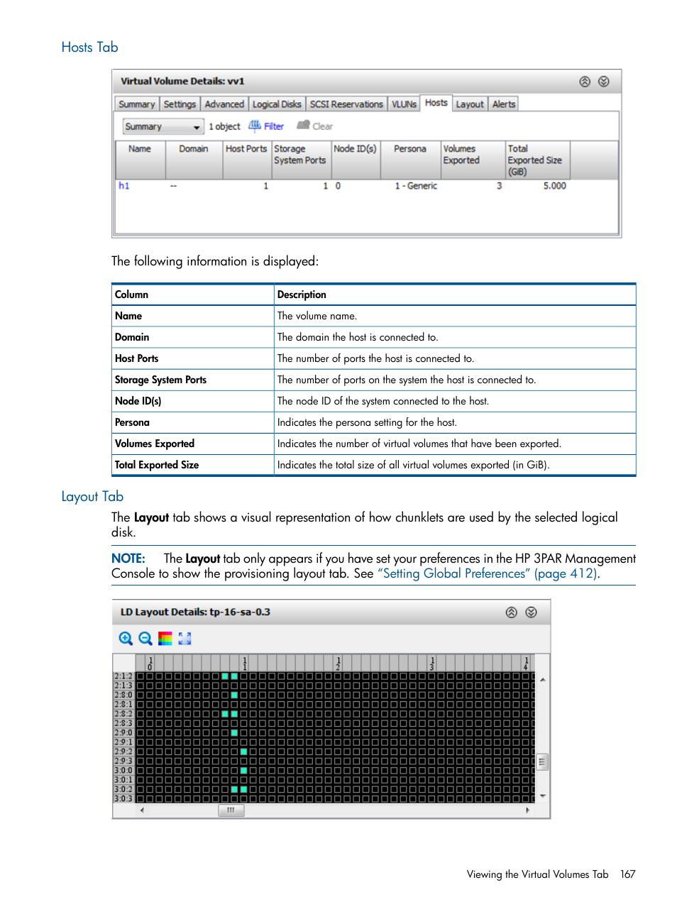 Hosts tab, Layout tab, Hosts tab layout tab | HP 3PAR Operating System Software User Manual | Page 167 / 424