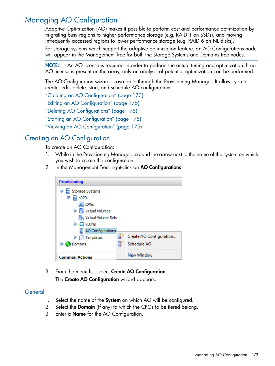 Managing ao configuration, Creating an ao configuration, General | HP 3PAR Operating System Software User Manual | Page 173 / 424