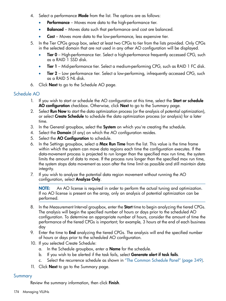 Schedule ao, Summary, Schedule ao summary | HP 3PAR Operating System Software User Manual | Page 174 / 424