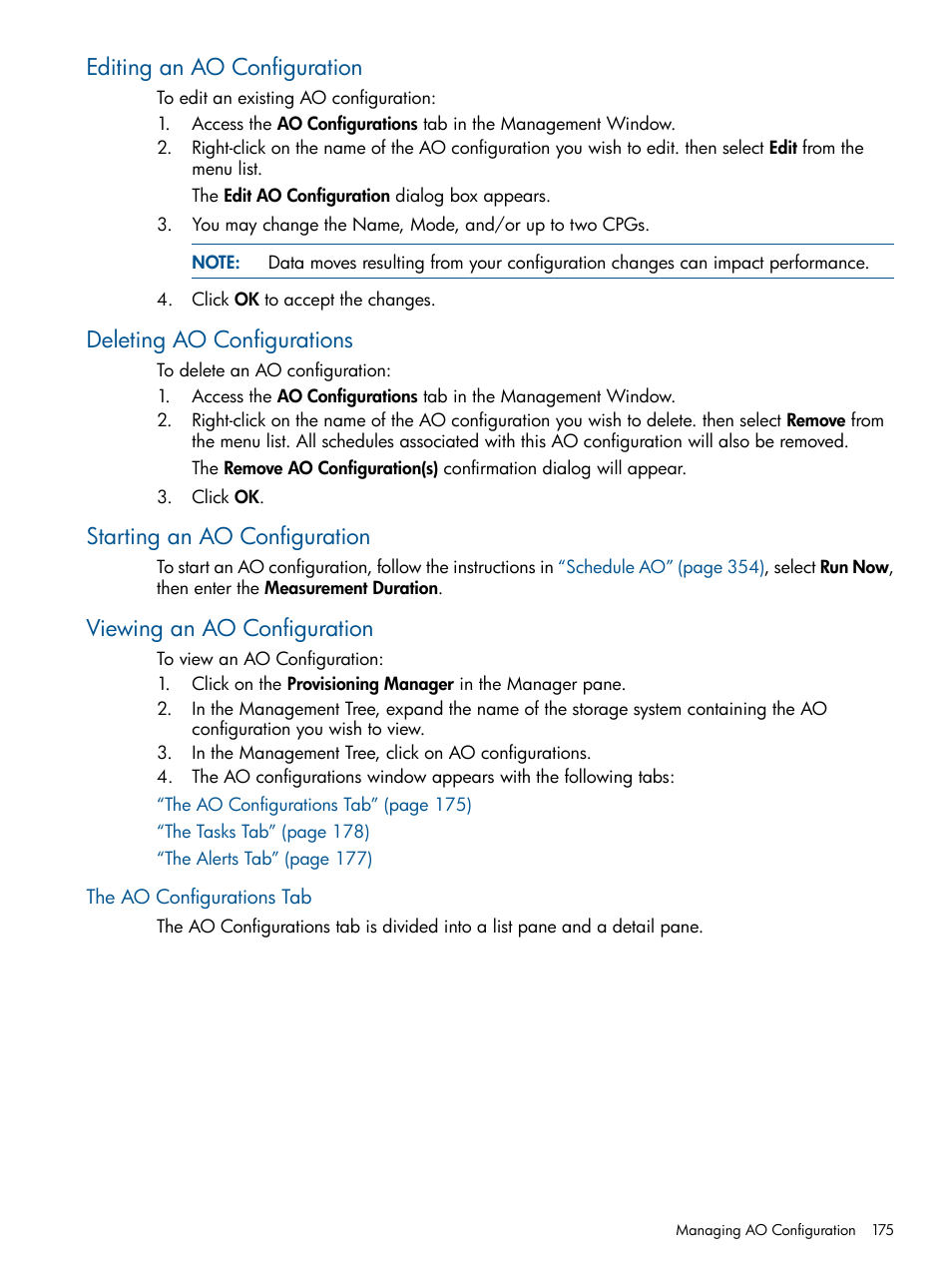 Editing an ao configuration, Deleting ao configurations, Starting an ao configuration | Viewing an ao configuration, The ao configurations tab | HP 3PAR Operating System Software User Manual | Page 175 / 424