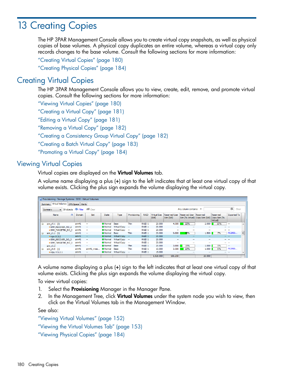 13 creating copies, Creating virtual copies, Viewing virtual copies | HP 3PAR Operating System Software User Manual | Page 180 / 424