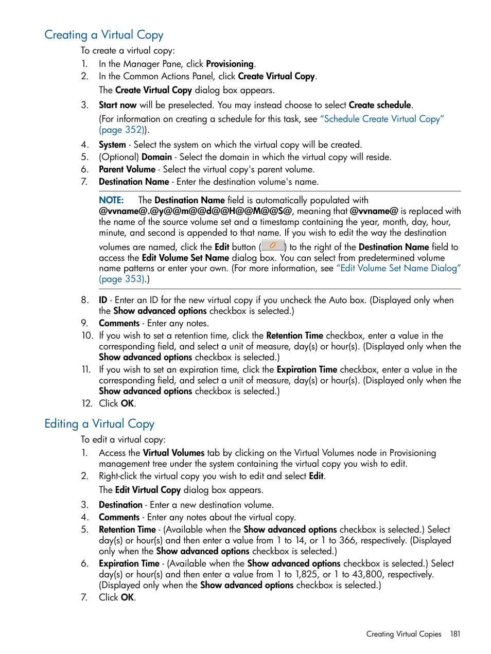 Creating a virtual copy, Editing a virtual copy, Creating a virtual copy editing a virtual copy | HP 3PAR Operating System Software User Manual | Page 181 / 424