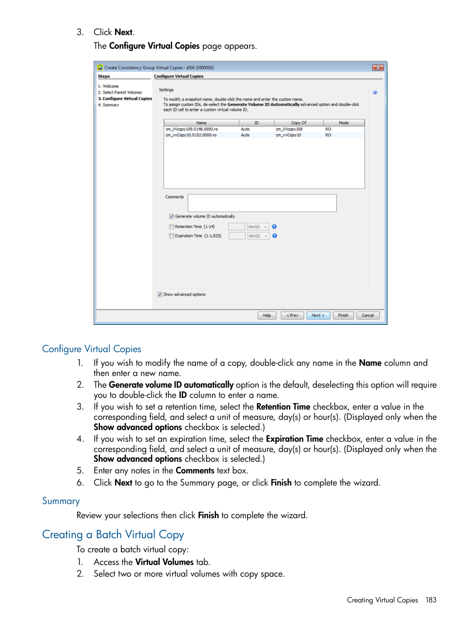 Configure virtual copies, Summary, Creating a batch virtual copy | Configure virtual copies summary | HP 3PAR Operating System Software User Manual | Page 183 / 424