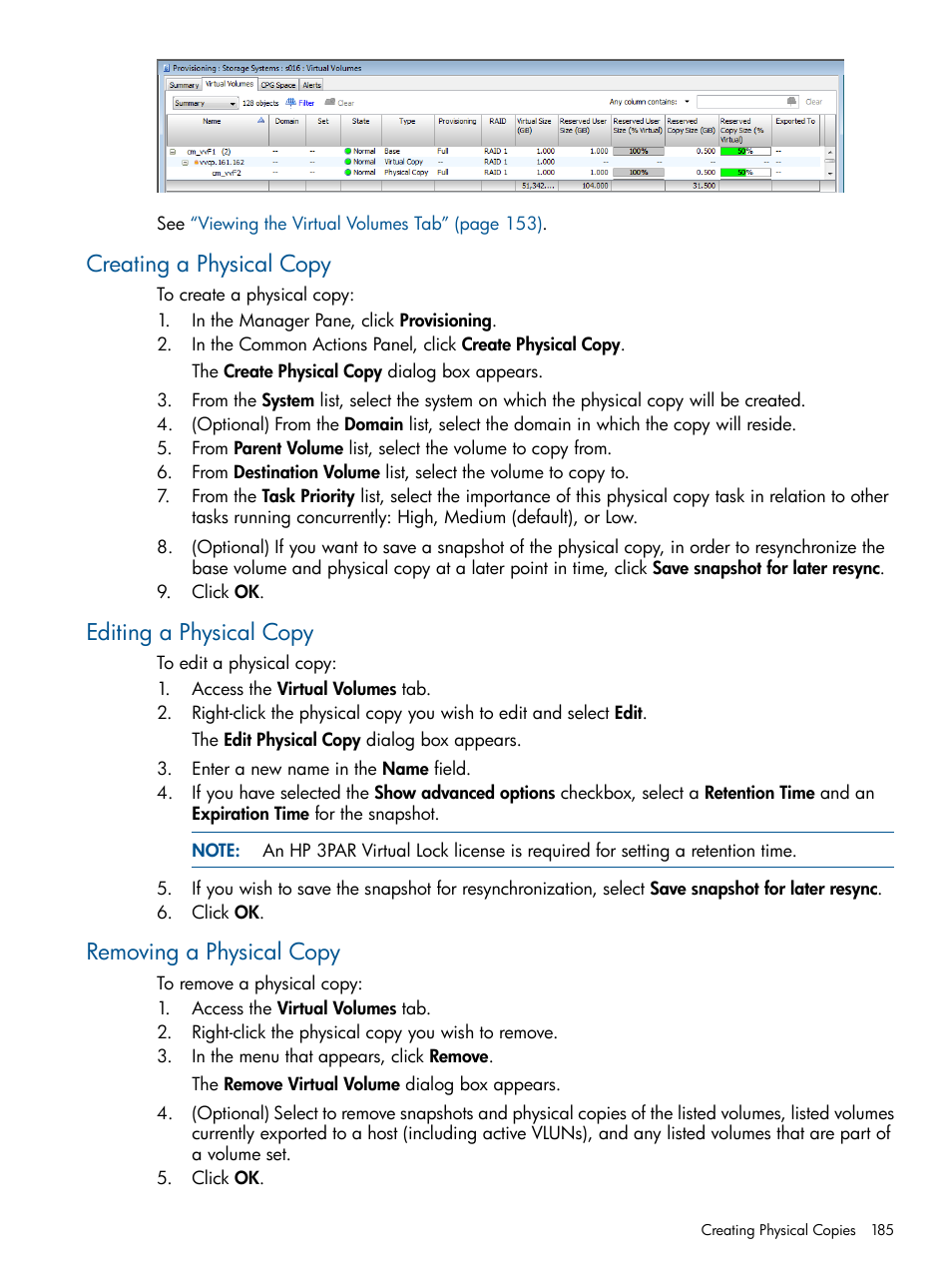 Creating a physical copy, Editing a physical copy, Removing a physical copy | HP 3PAR Operating System Software User Manual | Page 185 / 424