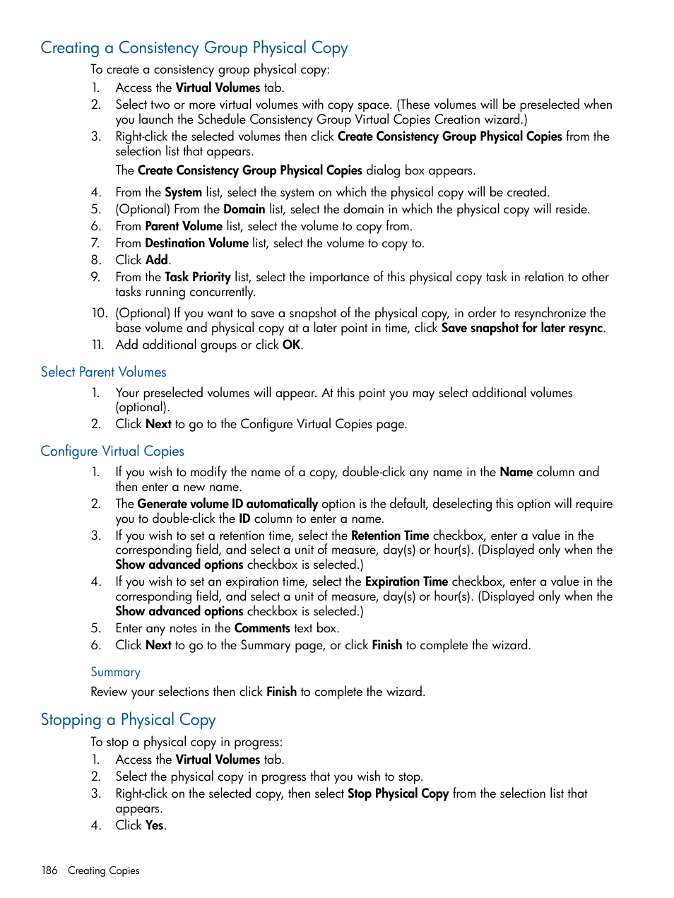 Creating a consistency group physical copy, Select parent volumes, Configure virtual copies | Summary, Stopping a physical copy, Select parent volumes configure virtual copies | HP 3PAR Operating System Software User Manual | Page 186 / 424