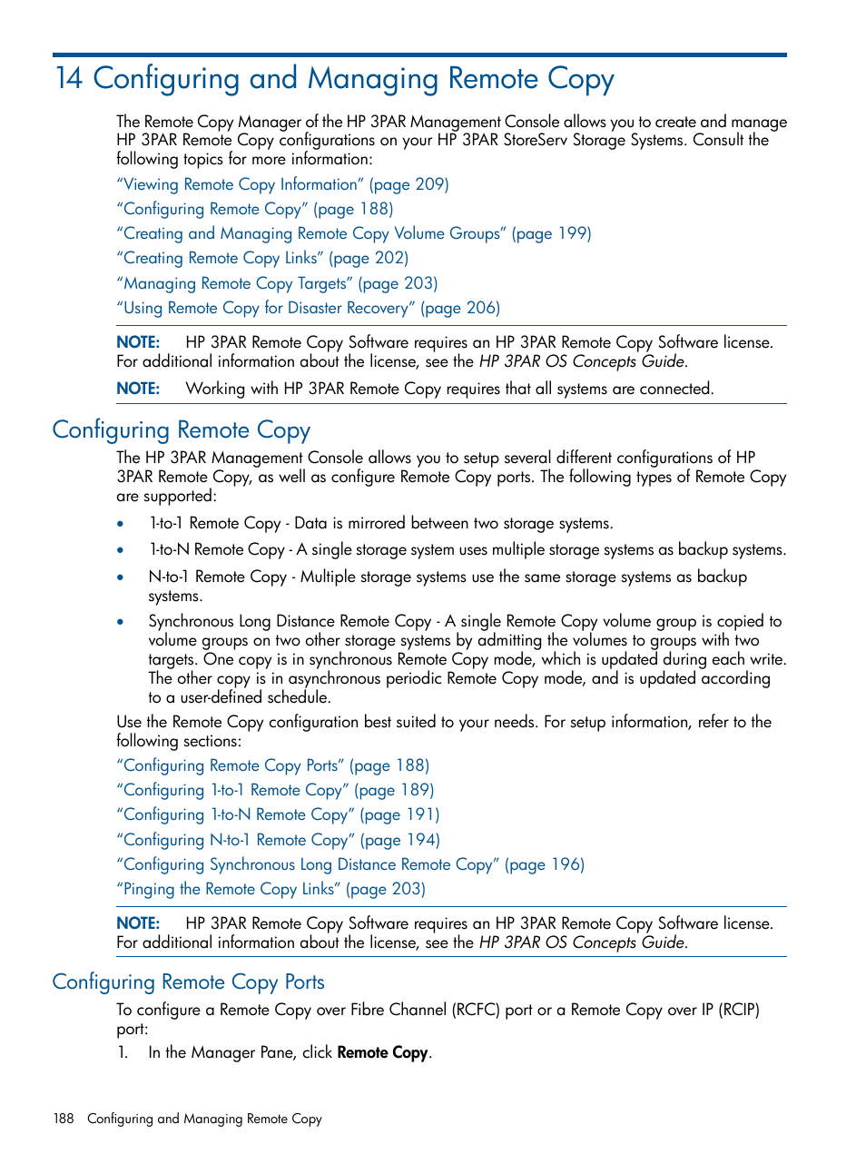 14 configuring and managing remote copy, Configuring remote copy, Configuring remote copy ports | HP 3PAR Operating System Software User Manual | Page 188 / 424