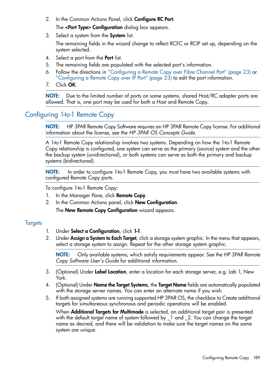 Configuring 1-to-1 remote copy, Targets | HP 3PAR Operating System Software User Manual | Page 189 / 424