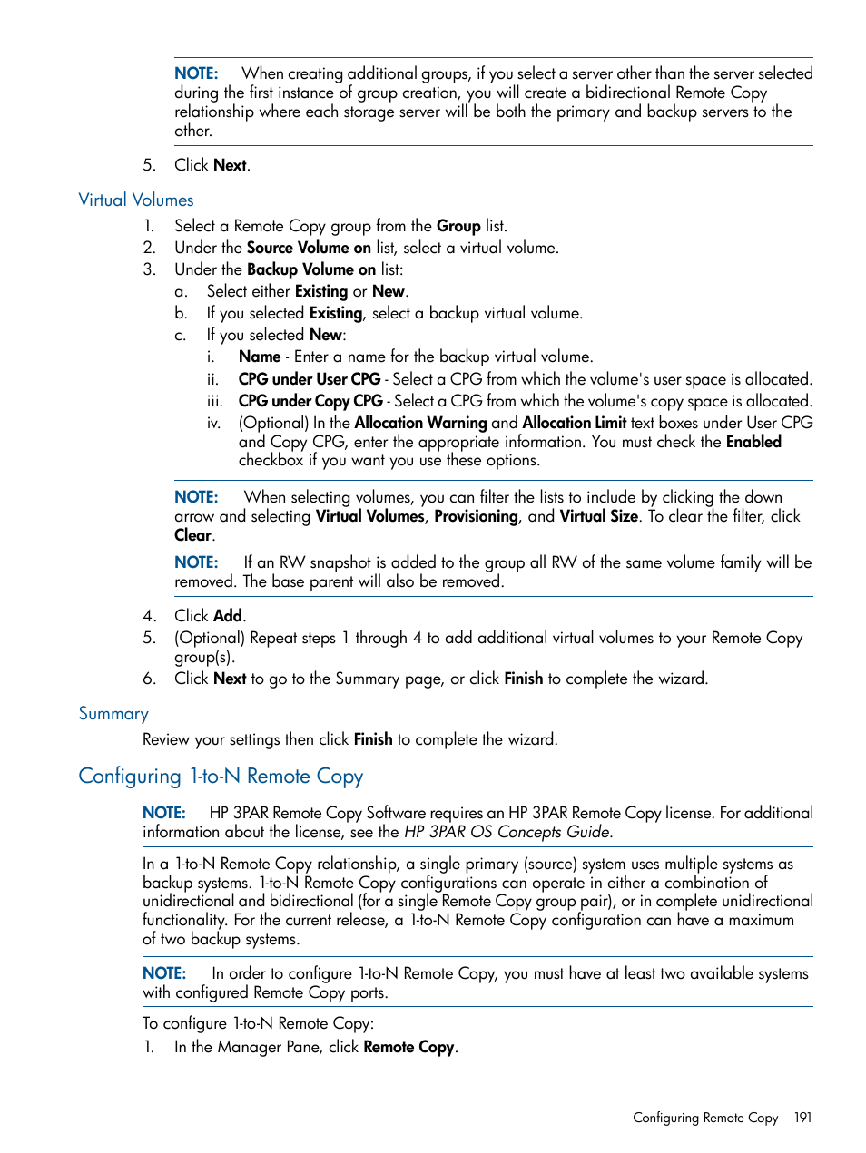 Virtual volumes, Summary, Configuring 1-to-n remote copy | Virtual volumes summary | HP 3PAR Operating System Software User Manual | Page 191 / 424