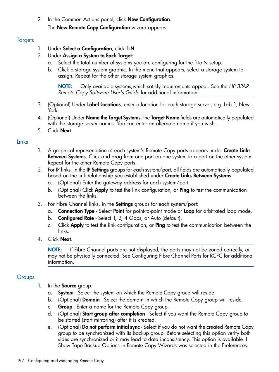 Targets, Links, Groups | Targets links groups | HP 3PAR Operating System Software User Manual | Page 192 / 424