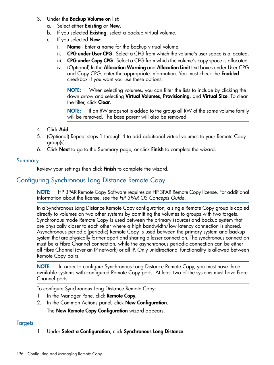 Summary, Configuring synchronous long distance remote copy, Targets | HP 3PAR Operating System Software User Manual | Page 196 / 424