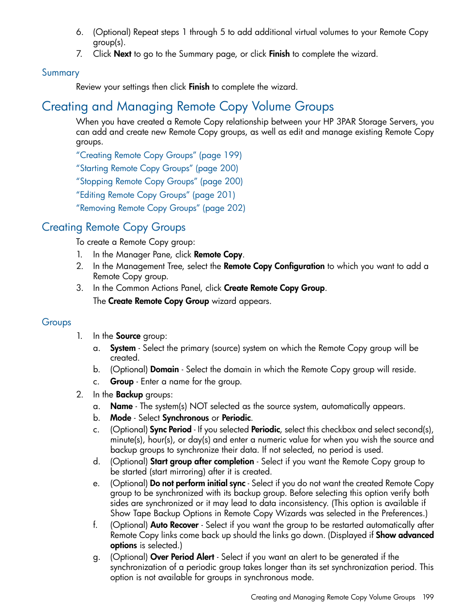 Summary, Creating and managing remote copy volume groups, Creating remote copy groups | Groups | HP 3PAR Operating System Software User Manual | Page 199 / 424