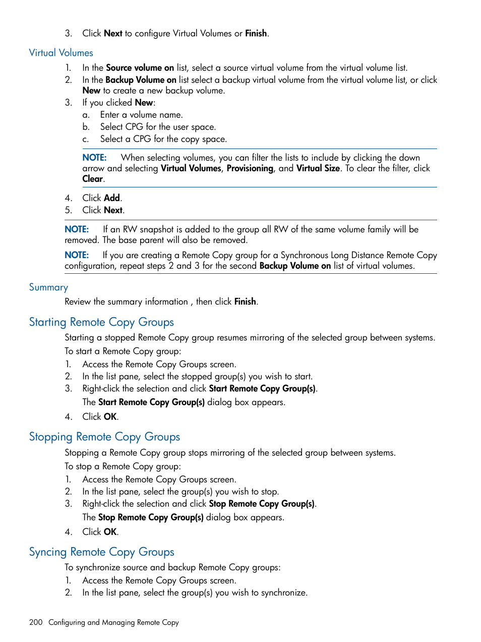 Virtual volumes, Summary, Starting remote copy groups | Stopping remote copy groups, Syncing remote copy groups, Virtual volumes summary | HP 3PAR Operating System Software User Manual | Page 200 / 424