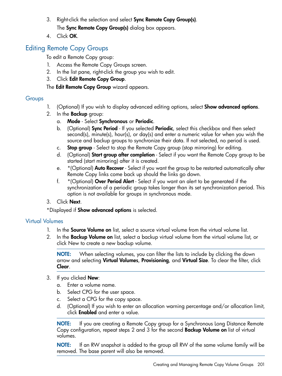 Editing remote copy groups, Groups, Virtual volumes | Groups virtual volumes | HP 3PAR Operating System Software User Manual | Page 201 / 424