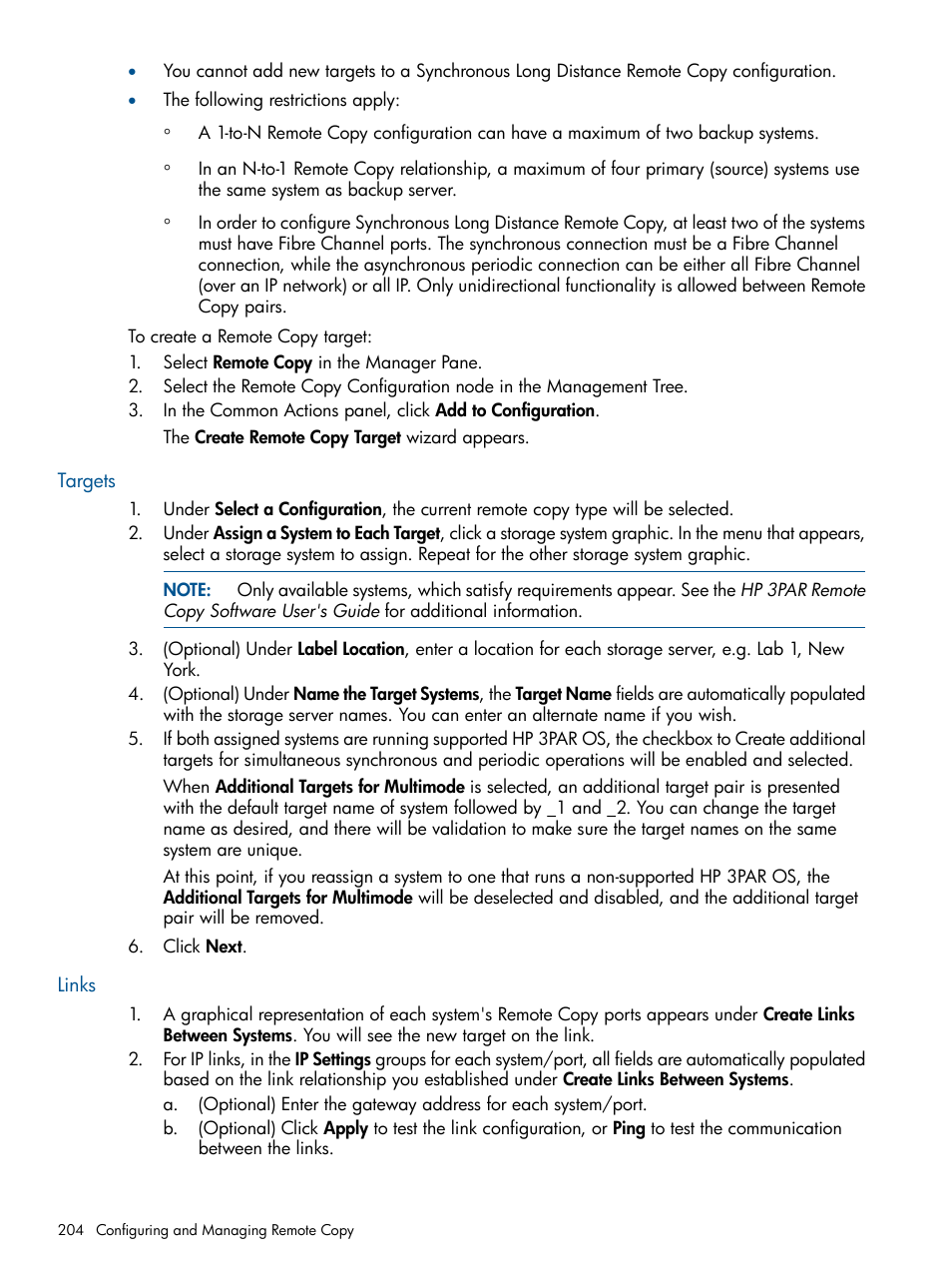 Targets, Links, Targets links | HP 3PAR Operating System Software User Manual | Page 204 / 424