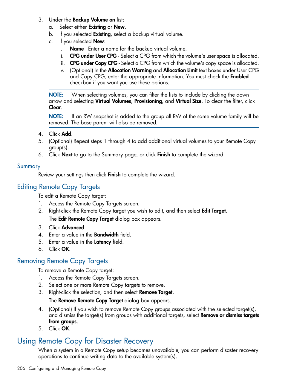 Summary, Editing remote copy targets, Removing remote copy targets | Using remote copy for disaster recovery | HP 3PAR Operating System Software User Manual | Page 206 / 424