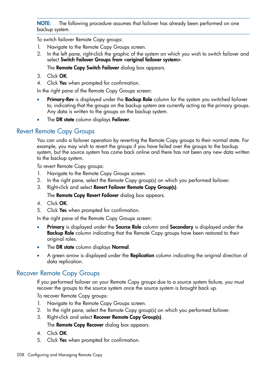 Revert remote copy groups, Recover remote copy groups | HP 3PAR Operating System Software User Manual | Page 208 / 424