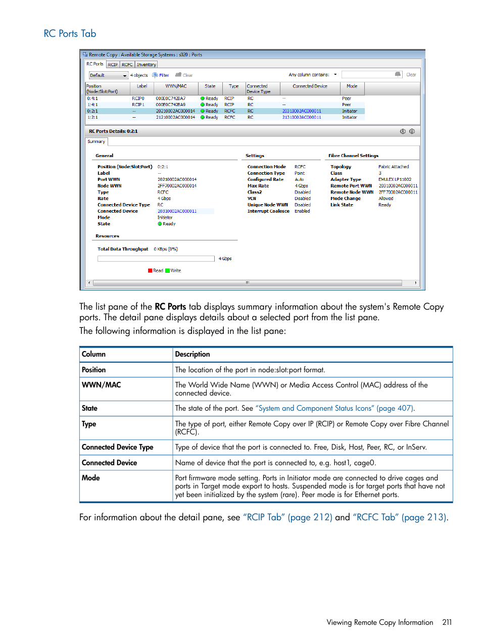 Rc ports tab | HP 3PAR Operating System Software User Manual | Page 211 / 424