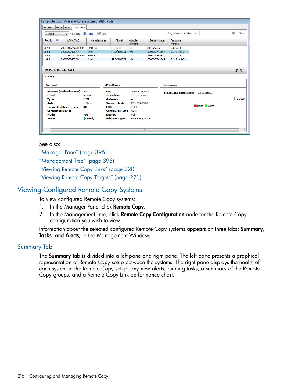 Viewing configured remote copy systems, Summary tab | HP 3PAR Operating System Software User Manual | Page 216 / 424