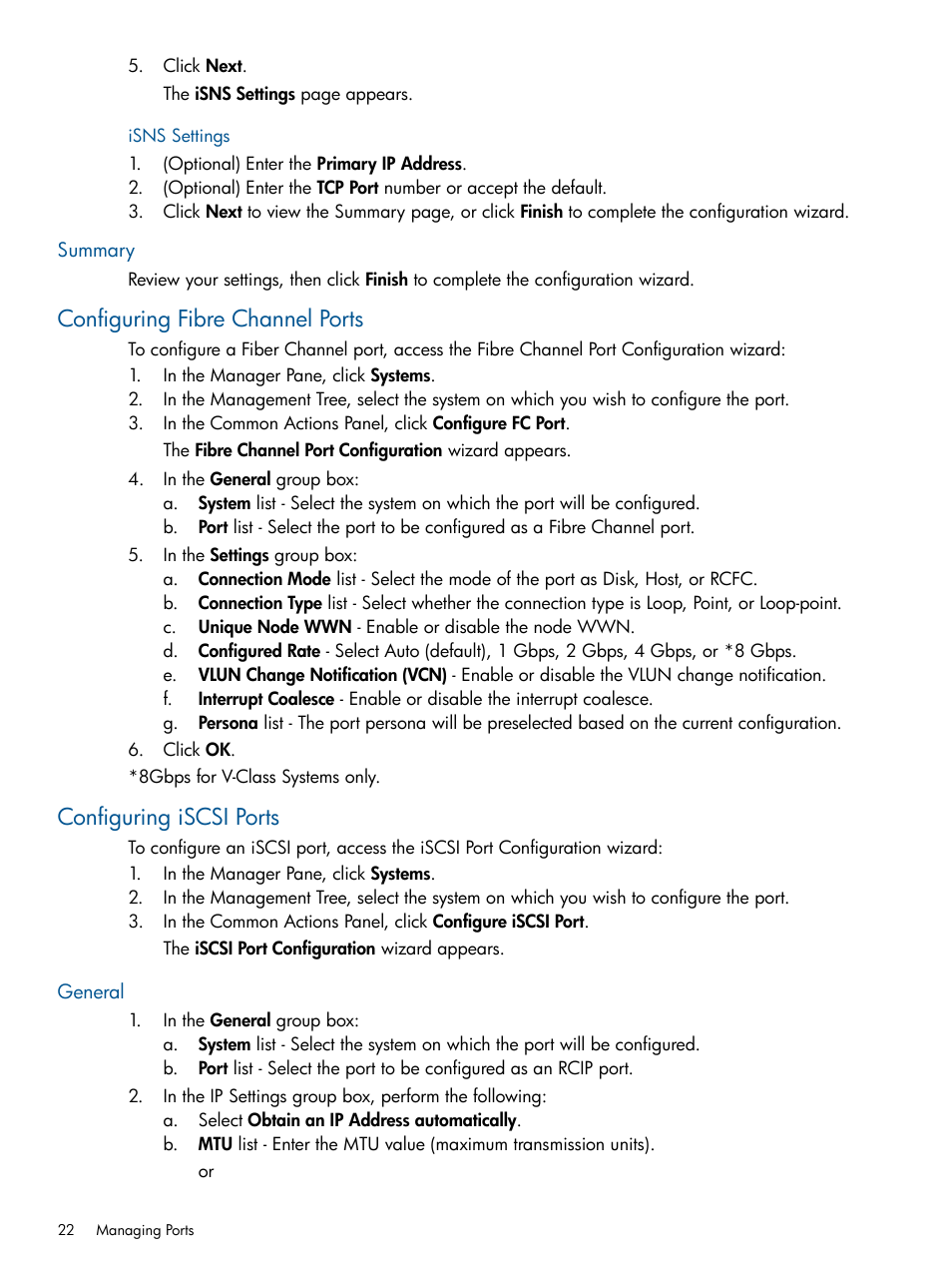 Isns settings, Summary, Configuring fibre channel ports | Configuring iscsi ports, General | HP 3PAR Operating System Software User Manual | Page 22 / 424