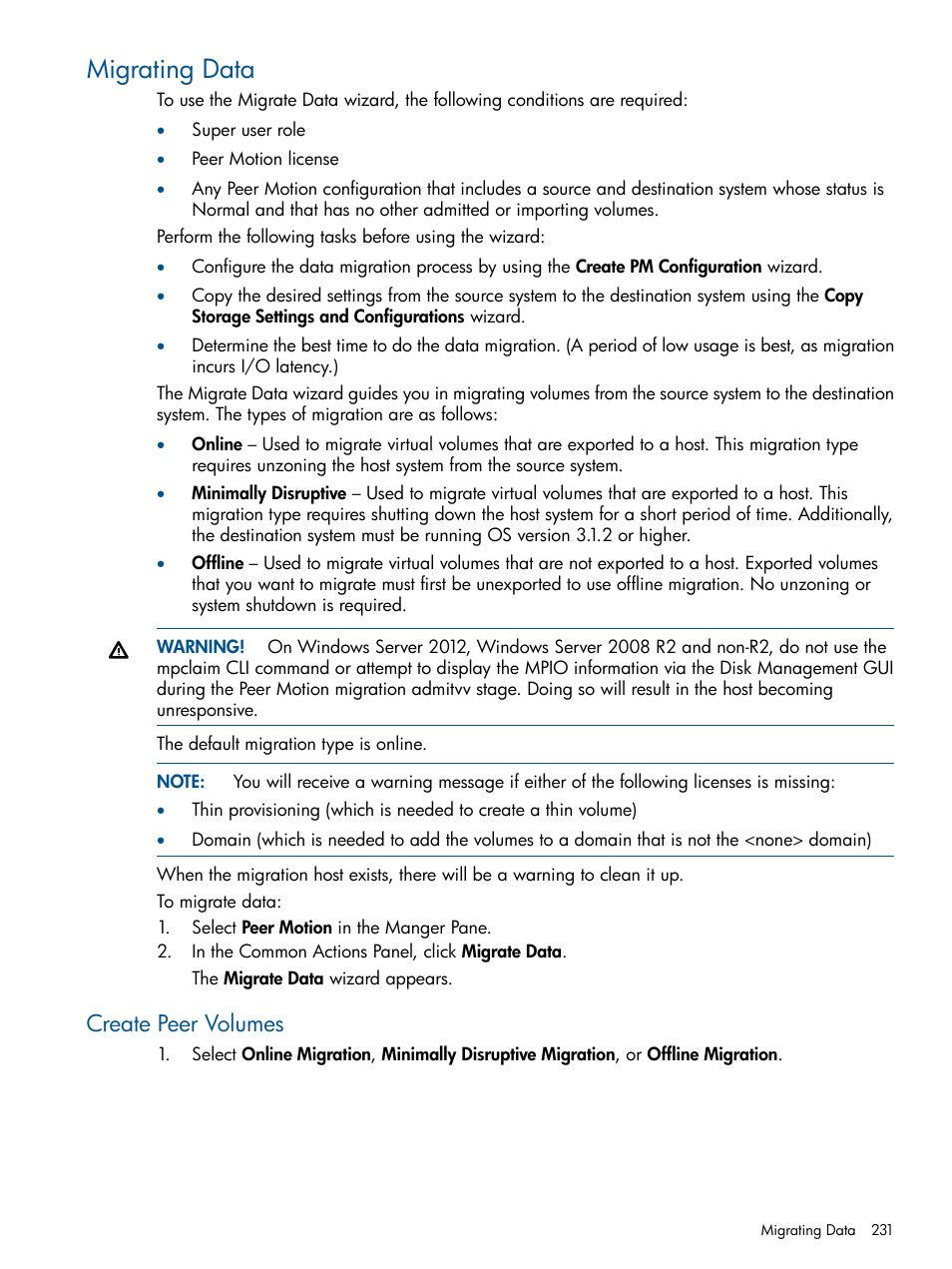 Migrating data, Create peer volumes | HP 3PAR Operating System Software User Manual | Page 231 / 424