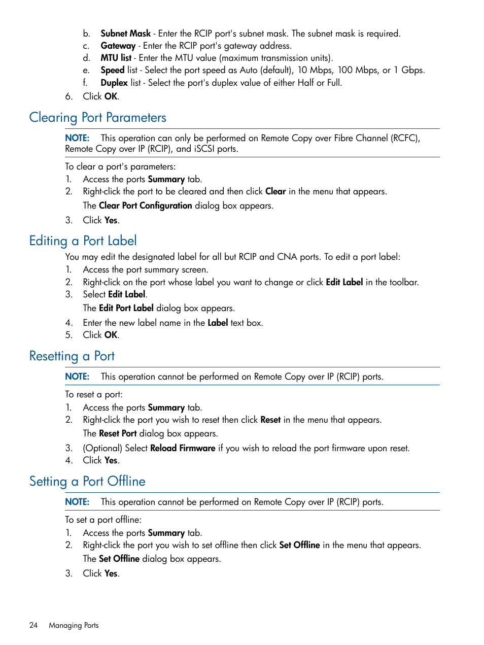 Clearing port parameters, Editing a port label, Resetting a port | Setting a port offline | HP 3PAR Operating System Software User Manual | Page 24 / 424