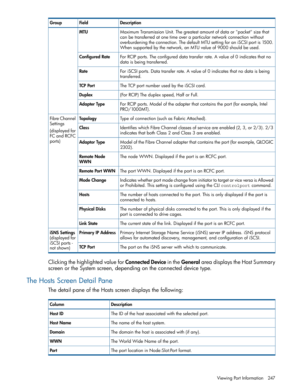 The hosts screen detail pane | HP 3PAR Operating System Software User Manual | Page 247 / 424