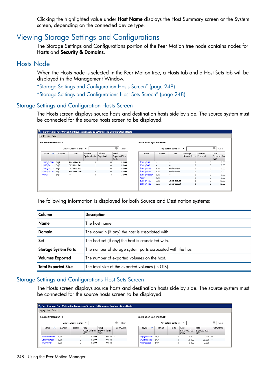 Viewing storage settings and configurations, Hosts node, Storage settings and configuration hosts screen | HP 3PAR Operating System Software User Manual | Page 248 / 424