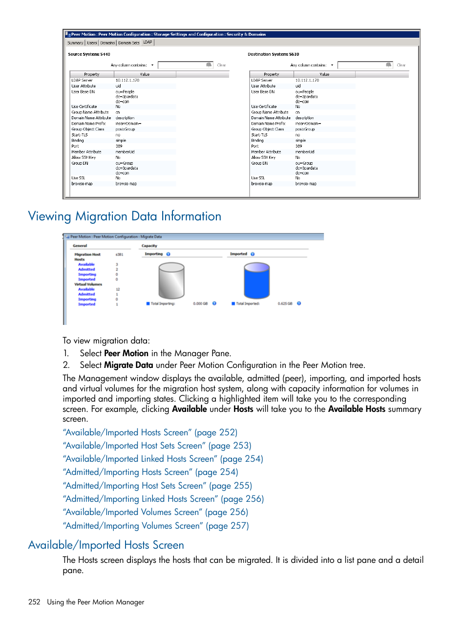 Viewing migration data information, Available/imported hosts screen | HP 3PAR Operating System Software User Manual | Page 252 / 424