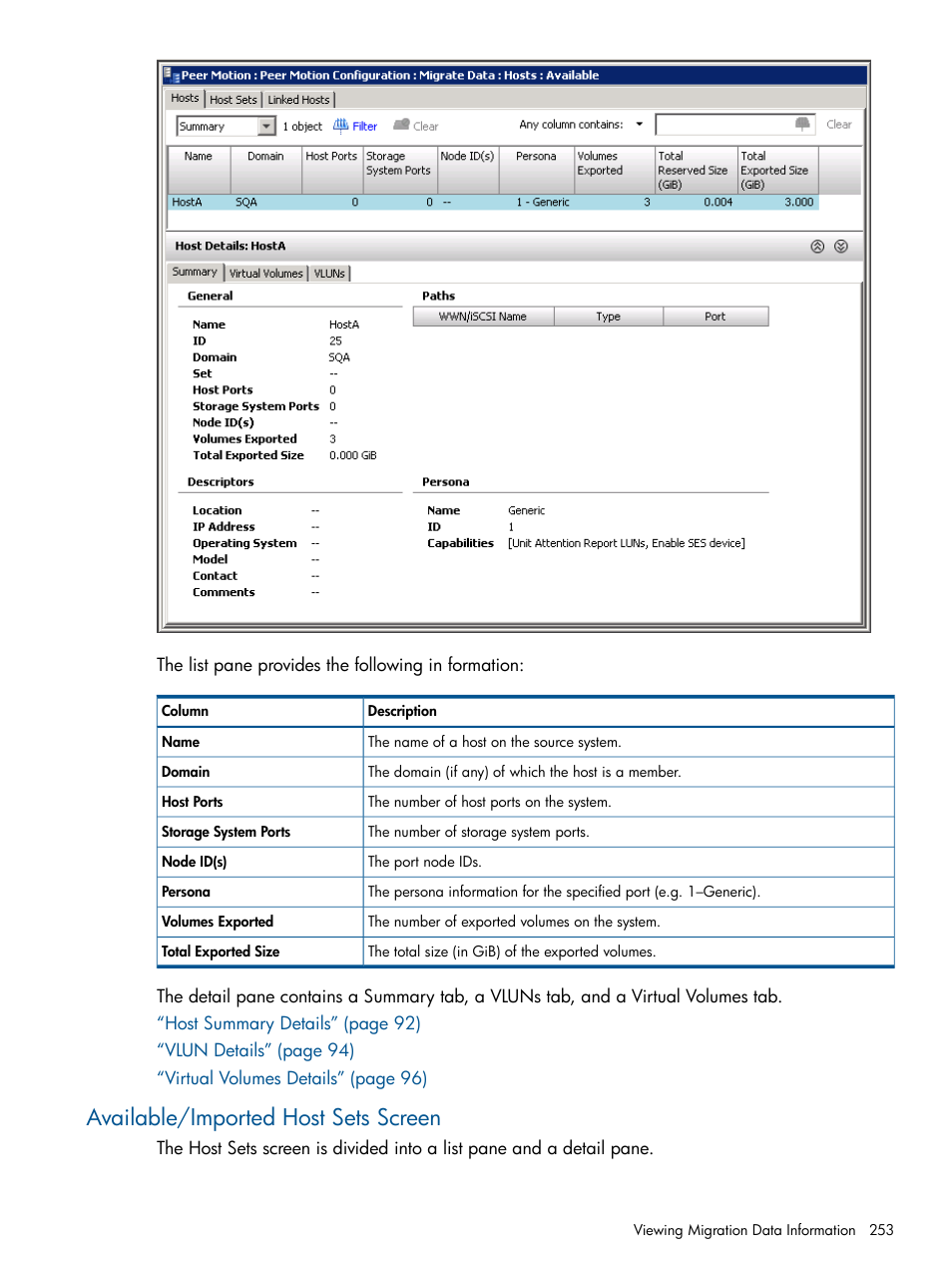 Available/imported host sets screen | HP 3PAR Operating System Software User Manual | Page 253 / 424