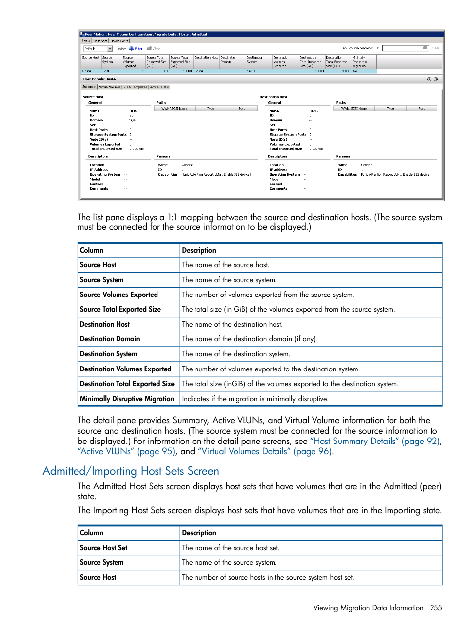 Admitted/importing host sets screen | HP 3PAR Operating System Software User Manual | Page 255 / 424
