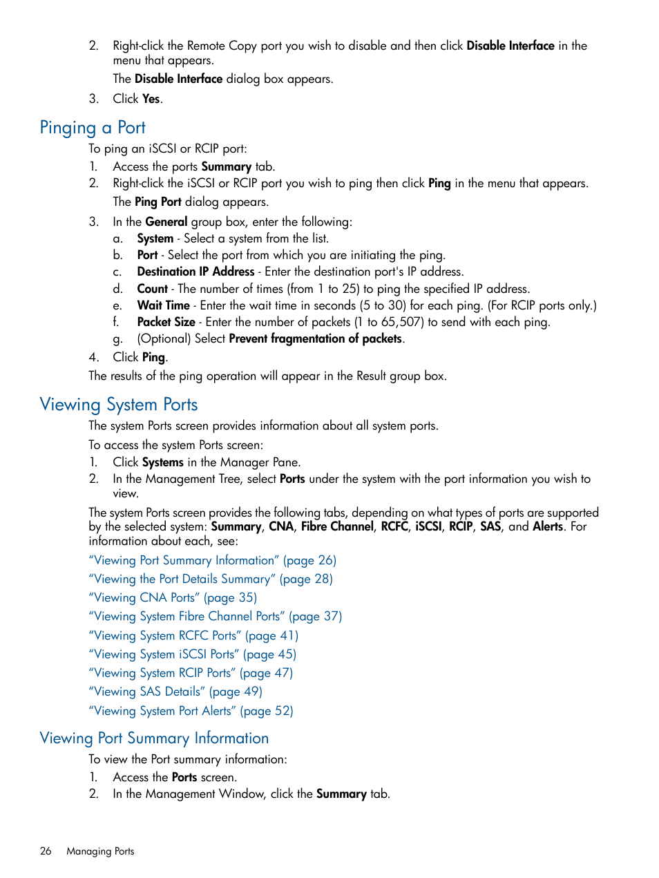 Pinging a port, Viewing system ports, Viewing port summary information | Pinging a port viewing system ports | HP 3PAR Operating System Software User Manual | Page 26 / 424