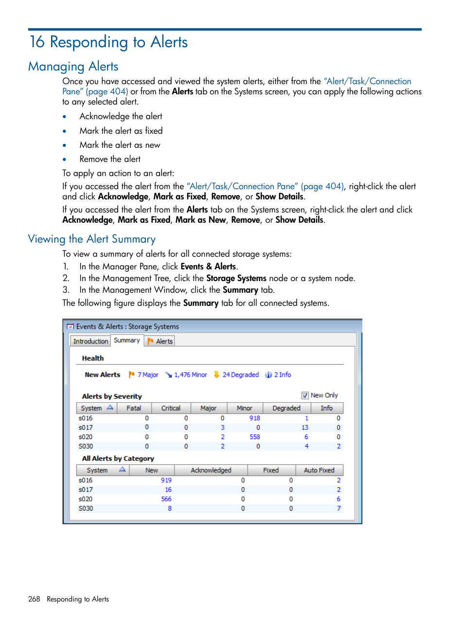 16 responding to alerts, Managing alerts, Viewing the alert summary | HP 3PAR Operating System Software User Manual | Page 268 / 424