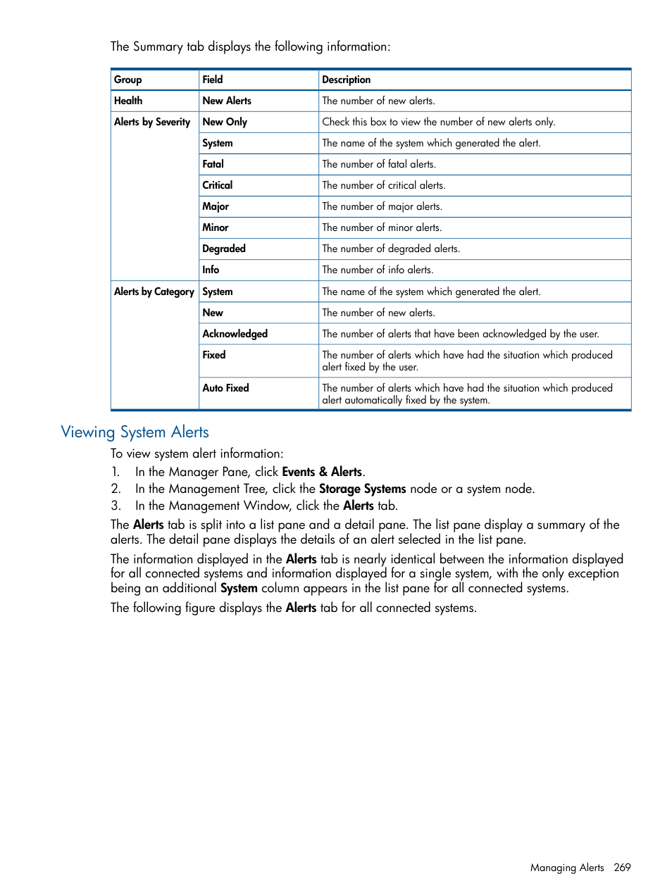 Viewing system alerts | HP 3PAR Operating System Software User Manual | Page 269 / 424