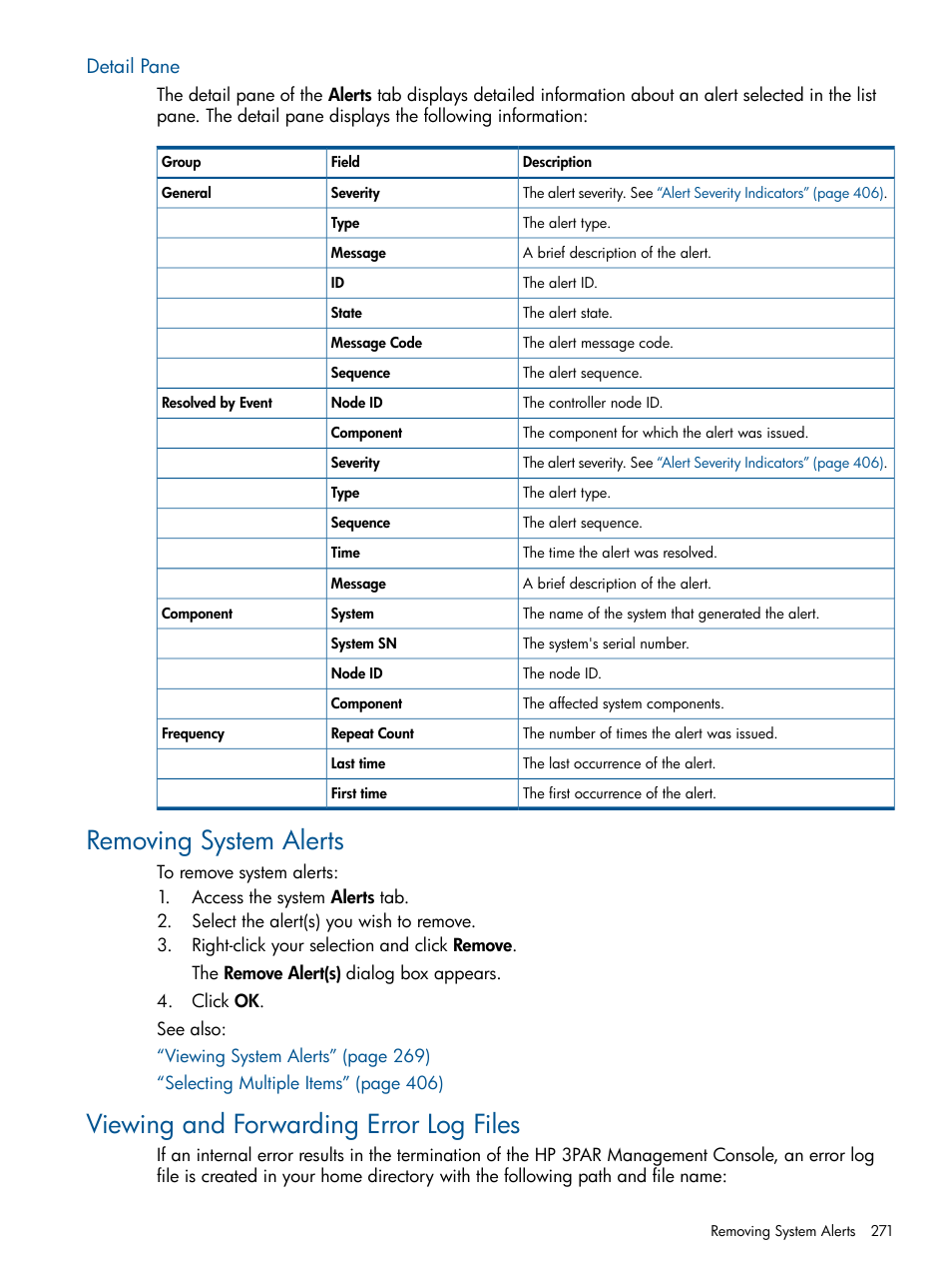 Detail pane, Removing system alerts, Viewing and forwarding error log files | HP 3PAR Operating System Software User Manual | Page 271 / 424