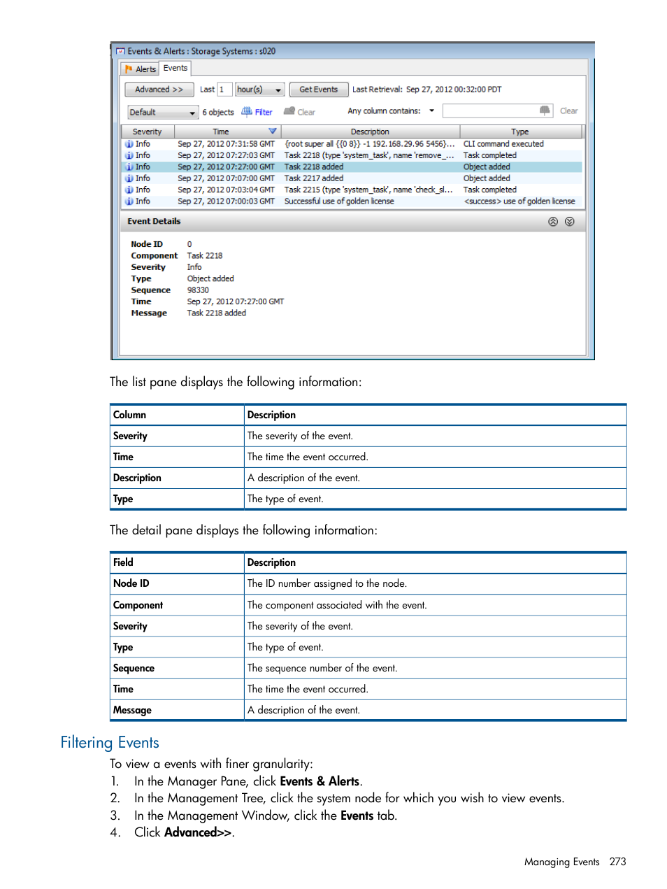 Filtering events | HP 3PAR Operating System Software User Manual | Page 273 / 424