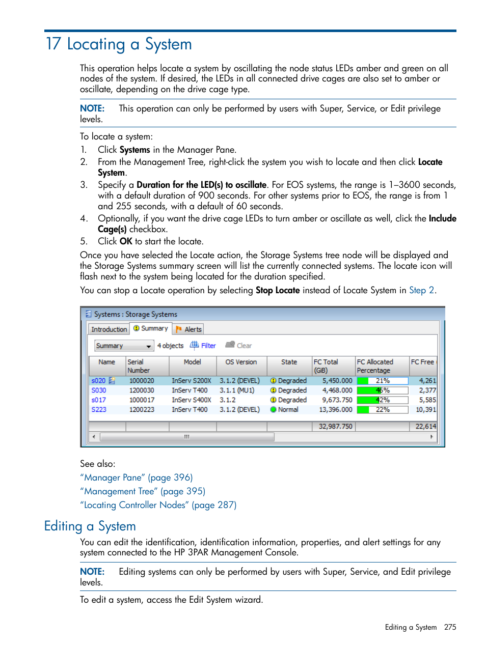 17 locating a system, Editing a system | HP 3PAR Operating System Software User Manual | Page 275 / 424