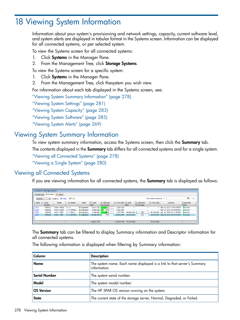 18 viewing system information, Viewing system summary information, Viewing all connected systems | HP 3PAR Operating System Software User Manual | Page 278 / 424