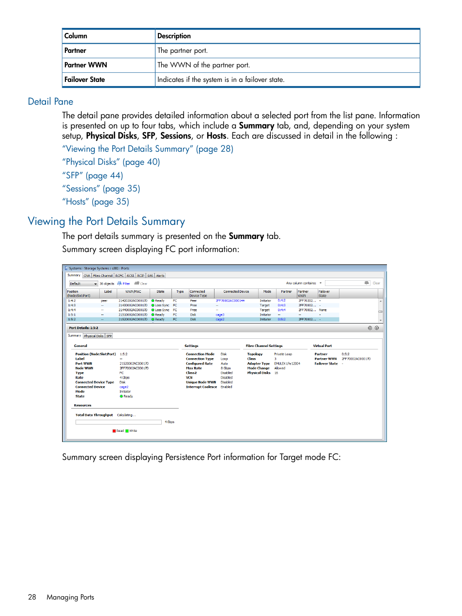 Detail pane, Viewing the port details summary | HP 3PAR Operating System Software User Manual | Page 28 / 424